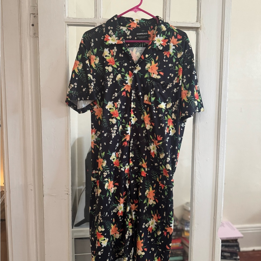 Black Floral Short Sleeve Men’s Romper with Orange & Green Blooms